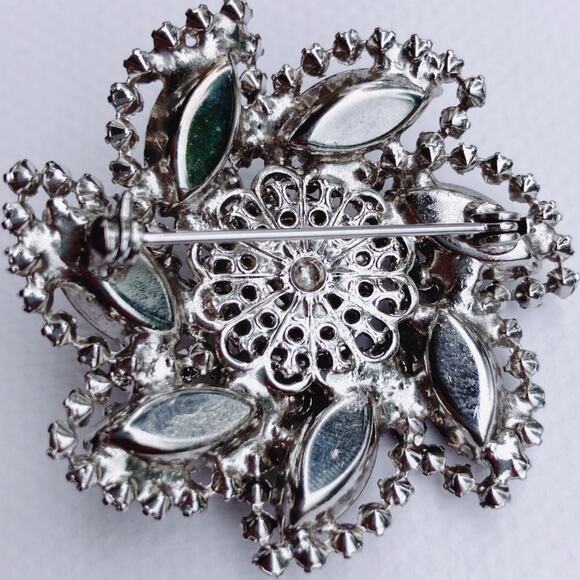 Vintage 1950s Rhinestone Brooch Prong Set Glass Domed Floral Mid Century Pin - Picture 7 of 10